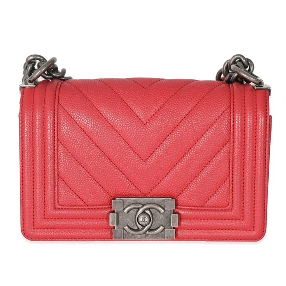 Chanel Red Caviar Chevron Small Boy Bag - Picture 1 of 7